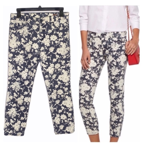 Tory Burch Size 32 Blue White Alexa Floral Mid Rise Cropped Designer Jeans. C043 - Picture 1 of 8